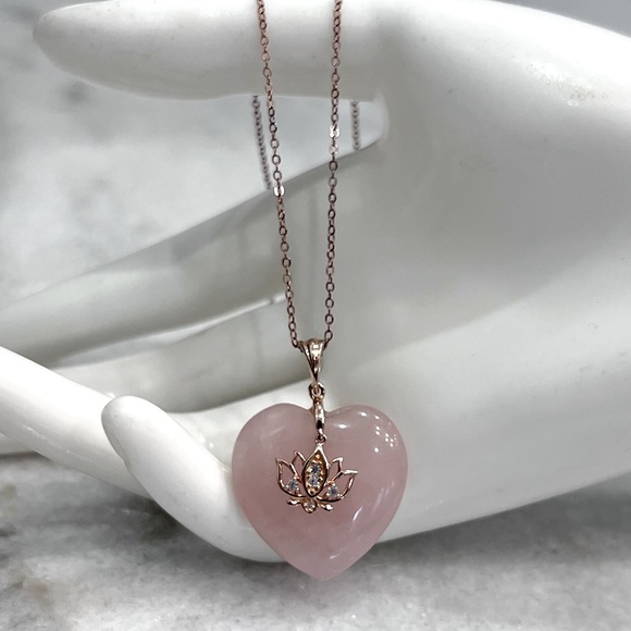 Galilea Rose Quartz White Zircon 14K RG Sterling Silver Lotus On Heart Necklace - Picture 3 of 10